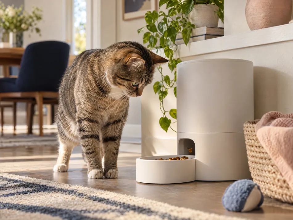 A cat approaches an unbranded automatic pet feeder in a warm home