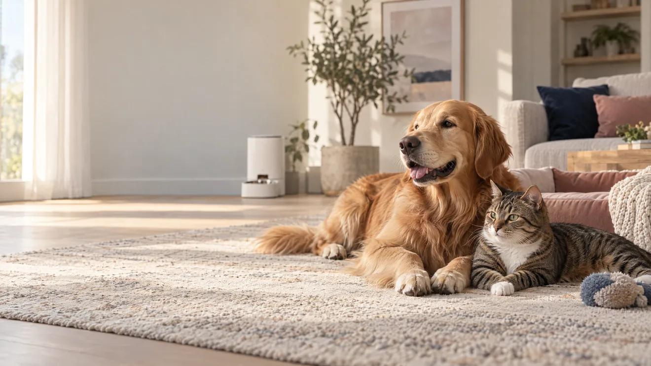 A dog and cat resting together in a warm modern home with an unbranded pet device